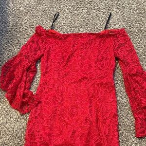Off-Shoulder Red Lace Midi Dress
